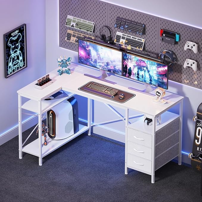 Alpen L Shaped Computer Desk, 55 Inch Corner Desk with Drawers and Power Outlets, Home Office Desk for Gaming, Study Writing PC Table with Storage and Reversible Shelf, White - Image 2