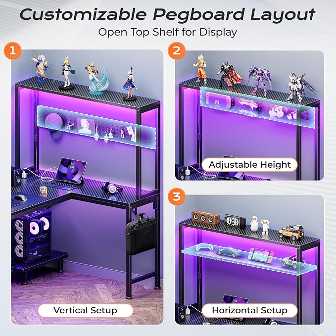 PRAISUN L Shaped Gaming Desk with LED Lights & Power Outlets, Reversible Computer Desk with Storage Shelves & Bag, Large Corner Home Office Desk with Pegboard for Work from Home, Carbon Fiber Black - Image 8