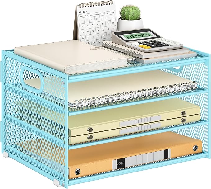 Subekyu Paper Letter Tray Organizer for Desk, Blue Metal Mesh Desk File Sorter Organizer with Handle and 2 Sliding Trays for Home Office School Supplies Organization by SUBEKYU
