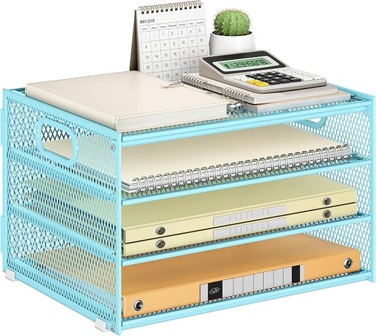 Subekyu Paper Letter Tray Organizer for Desk, Blue Metal Mesh Desk File Sorter Organizer with Handle and 2 Sliding Trays for Home Office School Supplies Organization by SUBEKYU