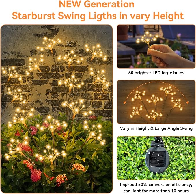 JJGoo Solar Garden Lights, New Upgraded 2 Pack Solar Swaying Starburst Light, Waterproof Fireworks Outdoor Lights, Yard Patio Pathway Decoration, Warm White - Image 3