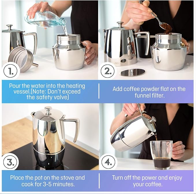 VeoHome Stovetop Espresso Coffee Maker - 10 Cups 500ml Multi-Stove Stainless Steel Induction Moka Pot - Unbreakable and Dishwasher-Safe Italian Style Caffe Machine - Image 5