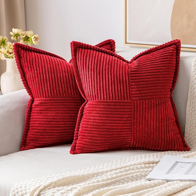 MIULEE Decorative Throw Pillow Covers for Couch Bed Livingroom 18x18 Inch Set of 2 Red Boho Accent Throw Pllows Broadside Striped Patchwork Soft Corduroy Pillowcases by MIULEE