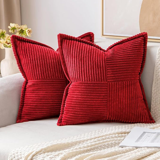 MIULEE Decorative Throw Pillow Covers for Couch Bed Livingroom 18x18 Inch Set of 2 Red Boho Accent Throw Pllows Broadside Striped Patchwork Soft Corduroy Pillowcases by MIULEE