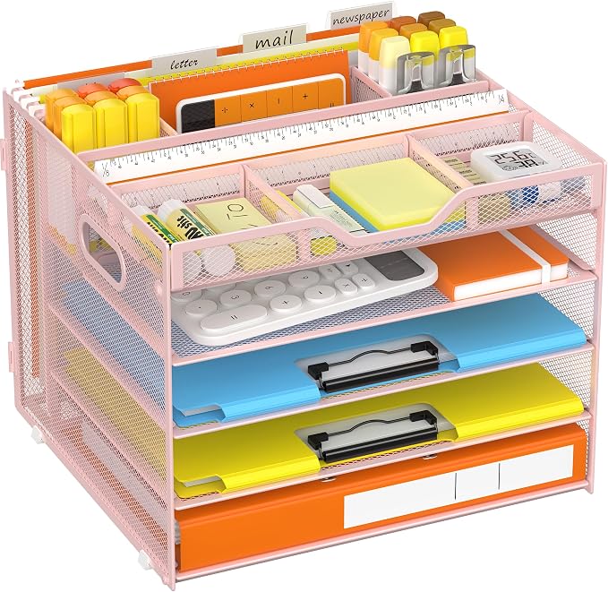 Docnest 5 Tier Desk Organizer with Hanging File Folder Holder&Tray, Pink | Features 3 detachable pen holders and 4 removable dividers.Versatile mesh desktop storage for mail, document,office supplie by DocNest