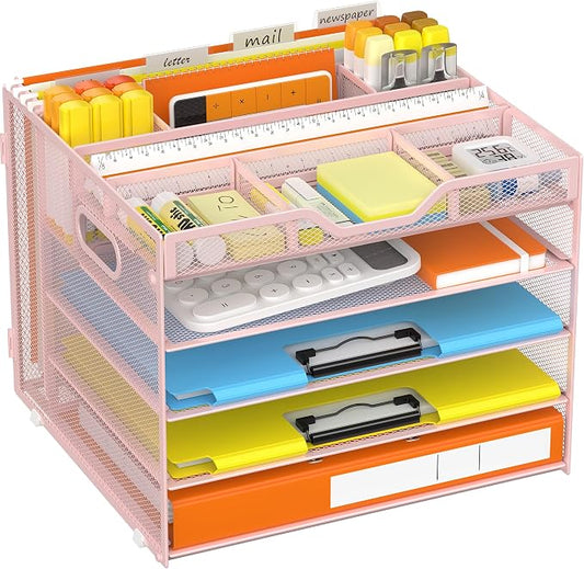 Docnest 5 Tier Desk Organizer with Hanging File Folder Holder&Tray, Pink | Features 3 detachable pen holders and 4 removable dividers.Versatile mesh desktop storage for mail, document,office supplie by DocNest