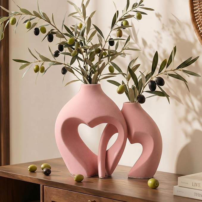 Ceramic Flower Vases Table Decor Heart Shaped Vase Set of 2 Pink | Nordic Heart Shaped Vases Minimalist Decorative Vase for Table Centerpiece Wedding Dining Living Room Office House Decoration - Image 3