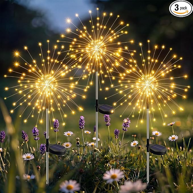 btfarm 3 Pack 120 LED Solar Garden Lights Outdoor, 8 Modes Firework Lights Solar Powered, Waterproof Twinkle Fairy Light Outside for Yard Patio Pathway Pool Christmas Party Decorative, Warm White by btfarmdecorativelighting