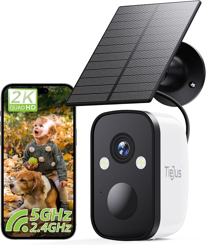 2K Solar Security Cameras Wireless Outdoor, 5G/2.4G Dual WiFi | Powered by Sun Rechargeable Battery Backup, Color Night Vision, PIR AI Motion Detection, 2 Way Talk, IP66, Works with Alexa by Tiejus