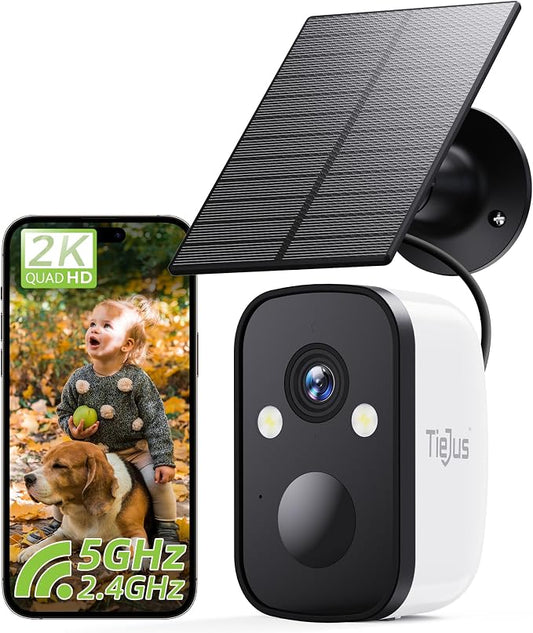 2K Solar Security Cameras Wireless Outdoor, 5G/2.4G Dual WiFi | Powered by Sun Rechargeable Battery Backup, Color Night Vision, PIR AI Motion Detection, 2 Way Talk, IP66, Works with Alexa by Tiejus