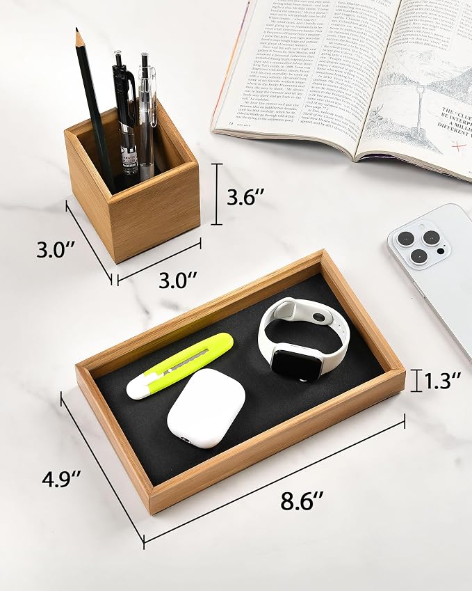 HULISEN Wooden Desk Organizer Tray, Pencil Holder with Felt Lining | Non-Slip Desk Tray Set, Pen Storage Compartment, Space-Saving Design, Desktop Accessory for Room Office & Workspace - Image 4