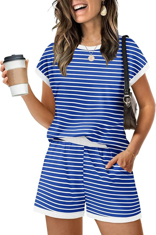 WIHOLL Two Piece Sets for Women Summer Lounge Short Sets Cap Sleeve Crew Neck Sweatsuit with Pocket XS-2XL by WIHOLL