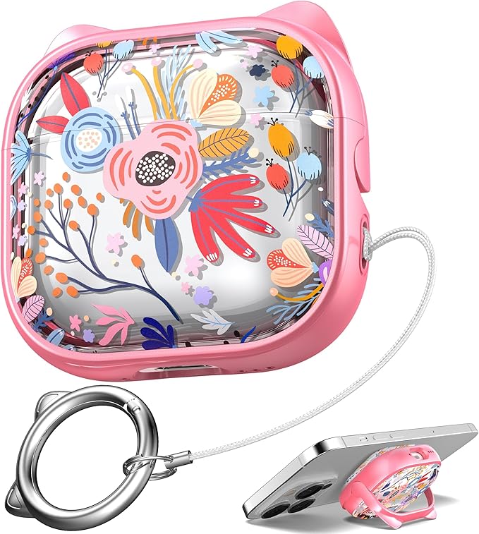 for AirPods 4 Case with Cleaning Kit, Cute Cat Ear Print Design & Cute Buckle, Inverted Phone Holder Design, Top Safe Lock Buckle Design, for Girls AirPods 4 case 2024,Clear Flowers by MHYALUDO