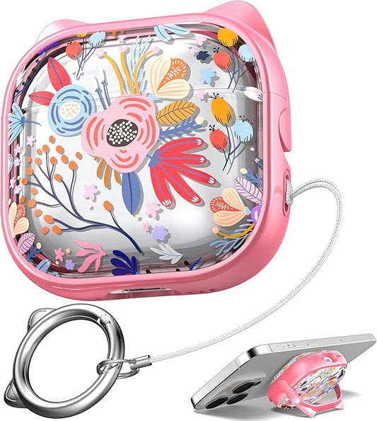 for AirPods 4 Case with Cleaning Kit, Cute Cat Ear Print Design & Cute Buckle, Inverted Phone Holder Design, Top Safe Lock Buckle Design, for Girls AirPods 4 case 2024,Clear Flowers by MHYALUDO