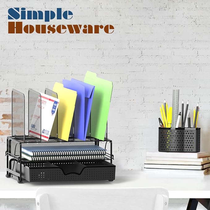 Simple Houseware Desk File Organizer for Office Supplies w/Drawer, Black | Double Tray, Pencil Holder, and 5 Upright Sections with Sliding Drawer - Image 7