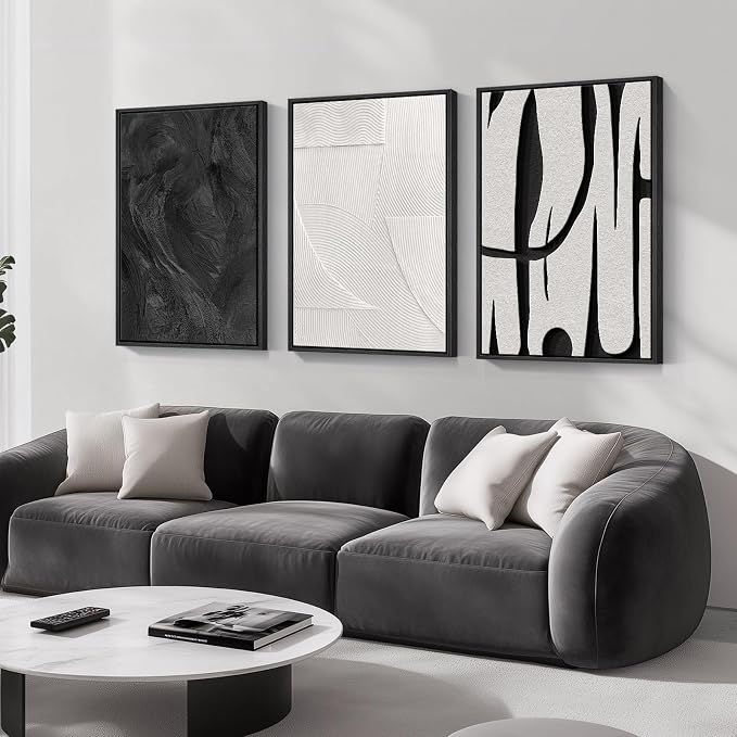 Large Framed Black and White Abstract Wall Art for Living Room, 3 Piece Canvas Prints Paintings Artwork for Walls, Modern Minimalist Pictures for Hallway Stair Office Wall Decor -Total Size 30x60 Inch by Cuspin