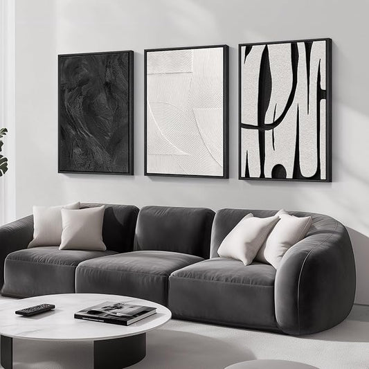 Large Framed Black and White Abstract Wall Art for Living Room, 3 Piece Canvas Prints Paintings Artwork for Walls, Modern Minimalist Pictures for Hallway Stair Office Wall Decor -Total Size 30x60 Inch by Cuspin
