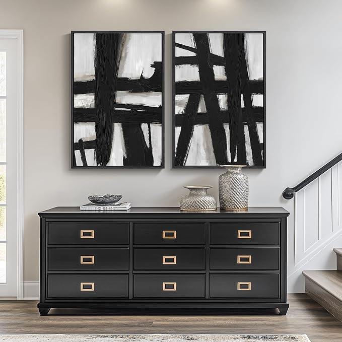 Large Framed Black and White Abstract Wall Art for Living Room, 2 Piece Modern Canvas Prints Wall Paintings Artwork for Walls, Minimalist Black Lines Pictures for Hallway Office Wall Decor 24x36 In - Image 4
