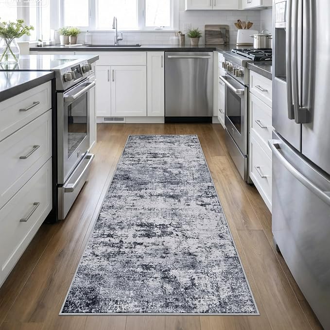 Washable Area Rug 3x10 Entryway Rug: Washable Modern Abstract Soft Thin Rug Indoor Floor No Slip Stain Resistant Carpet for Bedroom Dining Room Farmhouse Nursery Home Office - Grey by FXRHLP