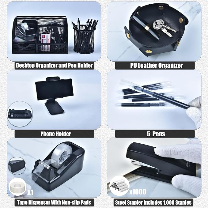 Black Desk Accessories, 24Pcs Office Supplies and Desk Organizers, with Tape Dispenser, Stapler, Staple Remover, Ect, Gift Box Packaging - Image 5
