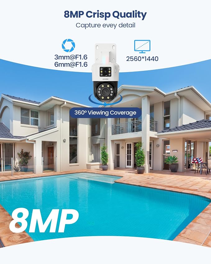 ZOSI 4K 8MP Dual-Lens Add-on PoE Security Camera Outdoor, 360° Pan Tilt IP Camera (4MP+4MP), Human Vehicle Detection, Color Night Vision, Human Tracking, Two-Way Audio, Works with Our PoE NVR Only - Image 2