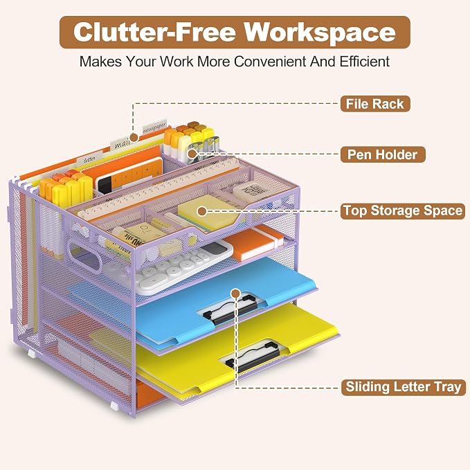 Docnest 5 Tier Desk Organizer with Hanging File Folder Holder&Tray, Purple | Features 3 detachable pen holders and 4 removable dividers.Versatile mesh desktop storage for mail, document,office supplie - Image 4