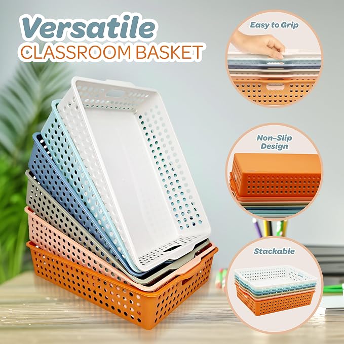4E's Novelty 6 Pack Classroom Paper Baskets, Organizing Desk Boho Tray for A4 Papers, Classroom Storage Plastic Paper Bins, Fun Turn In Trays for Teachers and Students, Office Desk Room Trays - Image 5