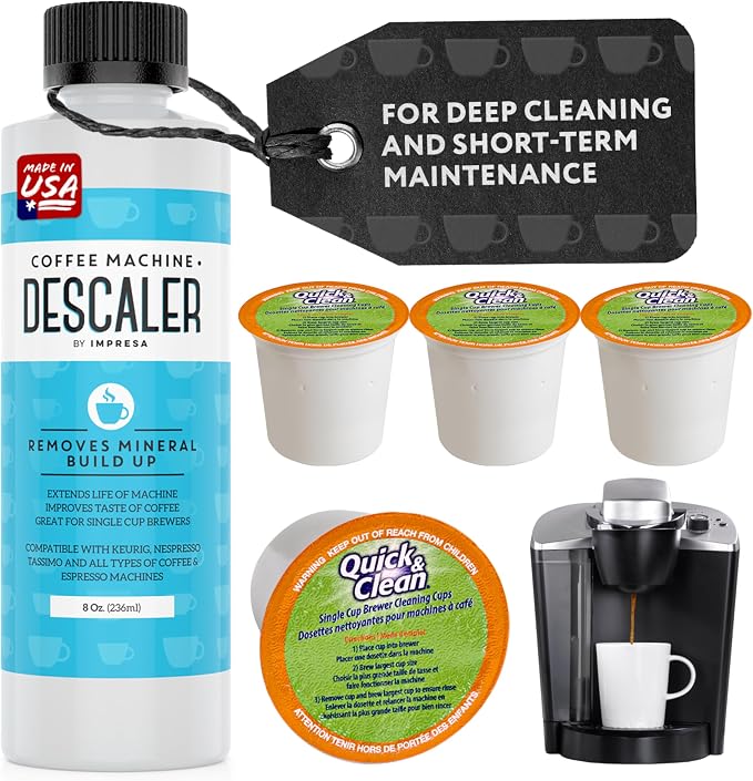 IMPRESA Coffee Machine Descaler & Cleaning Bundle - Compatible with Keurig K-Duo & K-Cup Brewers - 8 Oz Descaling Solution & 4 Maintenance Pods - Coffee Machine Cleaning & Pot Care Kit by IMPRESA