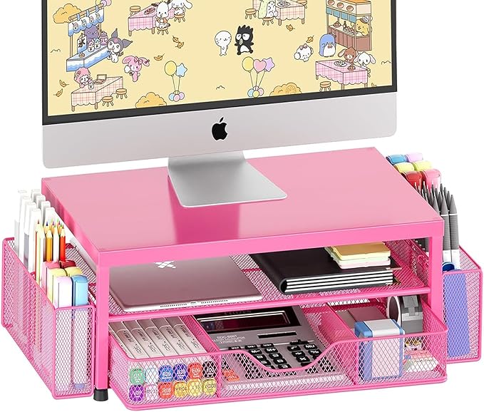 OPNICE Desk Organizer and Accessories, 2-Tier Computer Monitor Stand with Drawer and 2 Pen Holders, Laptop Stand, Office Desk Accessories for Office Supplies, Carmine Rose by OPNICE