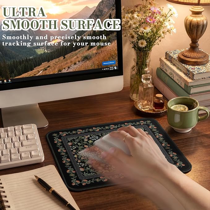 iCasso Aesthetic Small Mouse Pad, 9.5x7.9in,Home Office, Black Floral | Mini Portable Travel Mousepad, Anti-Slip and Comfortable Cloth Mouse Mat with Stitched Edges for Computer, Home - Image 3