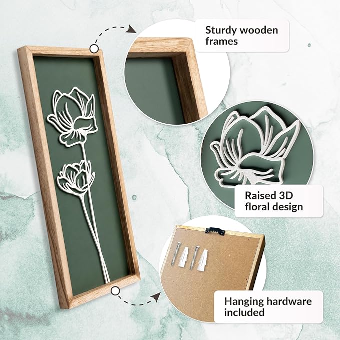 3D Floral Green Wall Art (Set of 3) Lightweight, Wooden Ready-to-Hang Boho Framed Wall Art for Bathroom, Master Bedroom, Living Room or Office - Premium Sage Green Farmhouse Decor - Gift-Boxed - Image 4