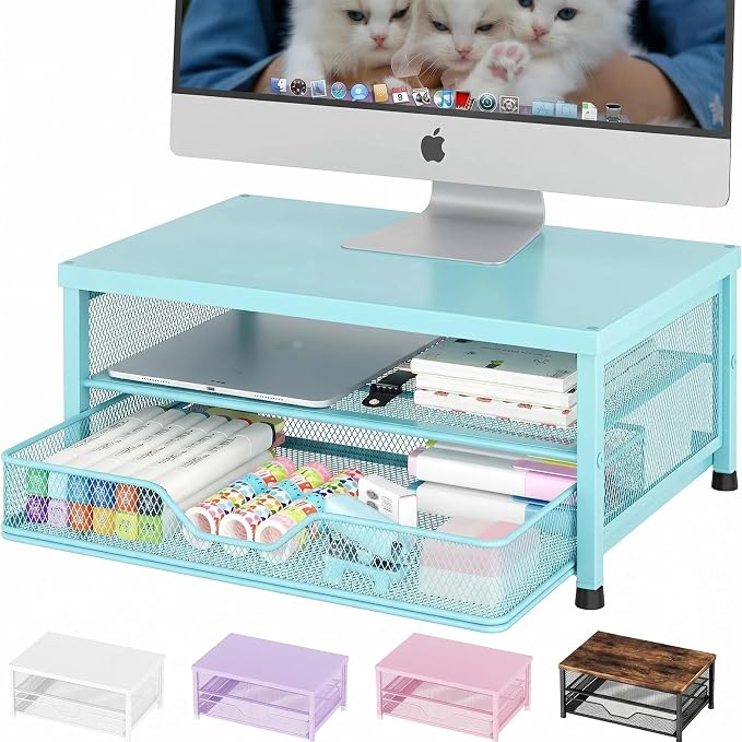 OPNICE Computer Monitor Stand Riser, Desk Organizer with Drawer, Printer & Laptop Stand, Office Desk Accessories & Workspace Desktop Organizers Storage for Office Supplies(Blue) by OPNICE