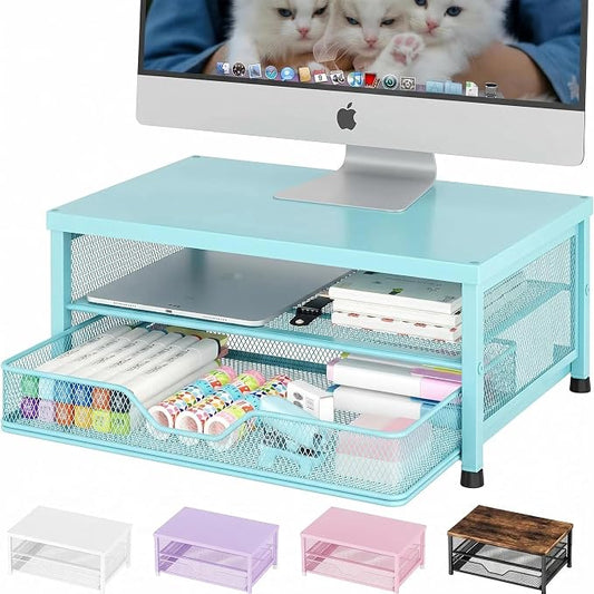 OPNICE Computer Monitor Stand Riser, Desk Organizer with Drawer, Printer & Laptop Stand, Office Desk Accessories & Workspace Desktop Organizers Storage for Office Supplies(Blue) by OPNICE