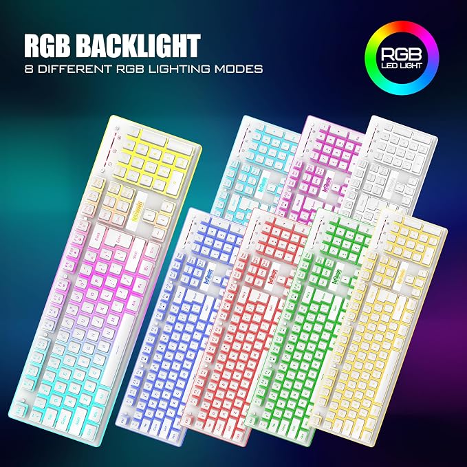 RedThunder K10 Wireless Gaming Keyboard and Mouse Combo, RGB Backlit Rechargeable 3800mAh Battery, Mechanical Feel Anti-ghosting Keyboard + 7D 3200DPI Mice for PC Gamer(White Pudding) - Image 3