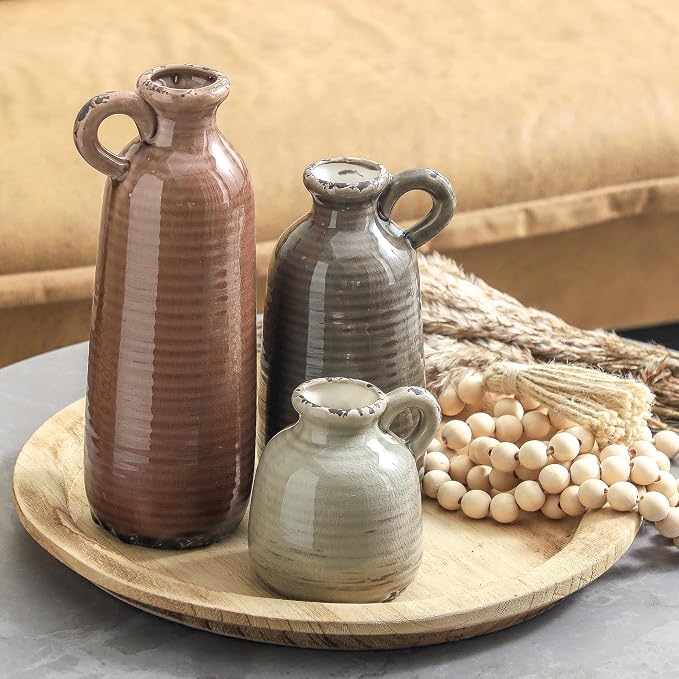 Ceramic Vases Set of 3, Neutral Rustic Farmhouse Vase with Handle, Decorative Flower Vases Home Decor Modern Boho Pampass Vase for Table Mantel Entryway Shelf Living Room Kitchen Bathroom - Brown - Image 7