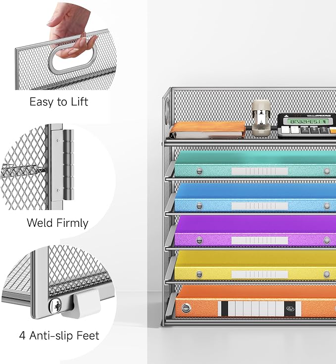 6 Tray Paper Organizer Letter Tray with Handle - Mesh Desk File Folder Holder, Paper Sorter for Office, Home or School - Silver - Image 3