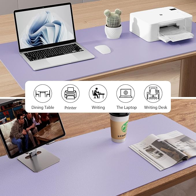Leather Desk Pad Protector, Mouse Pad, Office Desk Mat, Non-Slip PU Leather Desk Blotter, Laptop Desk Pad, Waterproof Desk Writing Pad for Office and Home (48"x17", Lavender) - Image 5