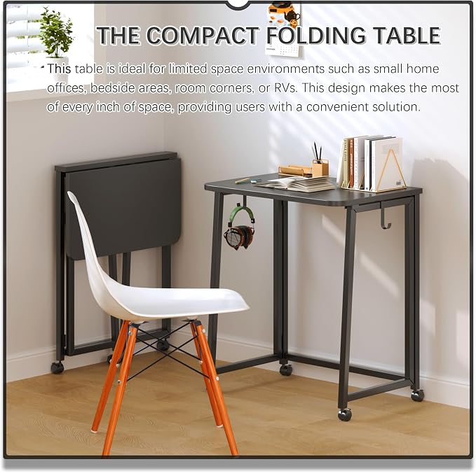 4NM 23.6" Mobile Small Folding Desk, Foldable Rolling Computer Home Office Desk, Study Writing Table for Small Space Saving Bedroom, with Wheels - All Black - Image 3