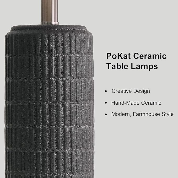 PoKat 23" Matte-Textured Ceramic Table Lamps Set of 2 for Bedroom, Stone-Like Modern Bedside Lamps for Night Stands, Farmhouse Nightstand Table Lamps Decor for Living Room End Table Black - Image 2