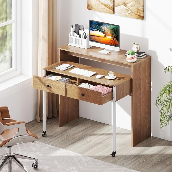 Giantex Small Computer Desk with Hutch & Drawers, Extendable Writing Desk w/Pull Out Secondary Table, Monitor Stand & Rolling Wheels, Console Table, Compact Desk for Small Spaces (Natural) - Image 5