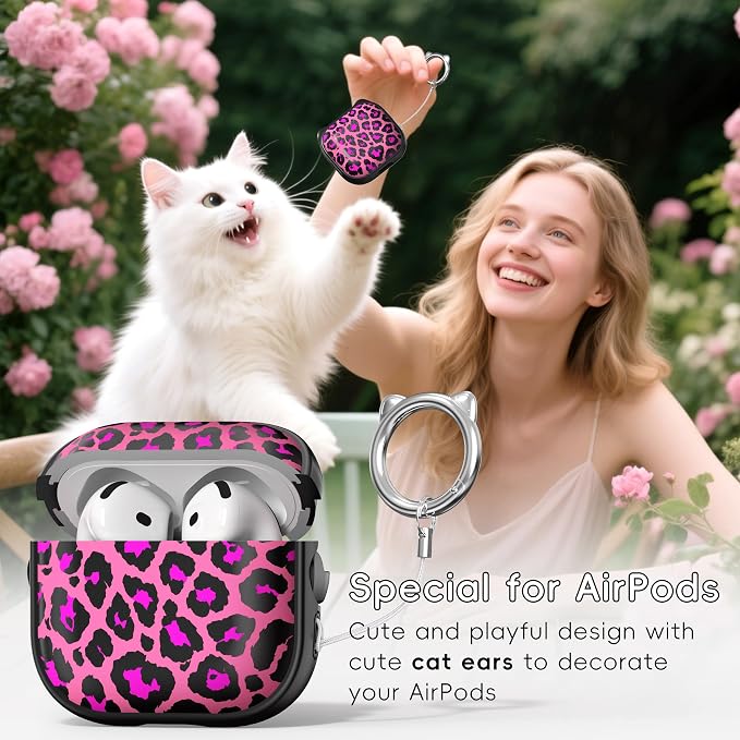 for AirPods 4 Case with Cleaning Kit, Cute Cat Ear Print Design & Cute Buckle, Inverted Phone Holder Design, Top Safe Lock Buckle Design, for Girls AirPods 4 case 2024, Rose Leopard - Image 3