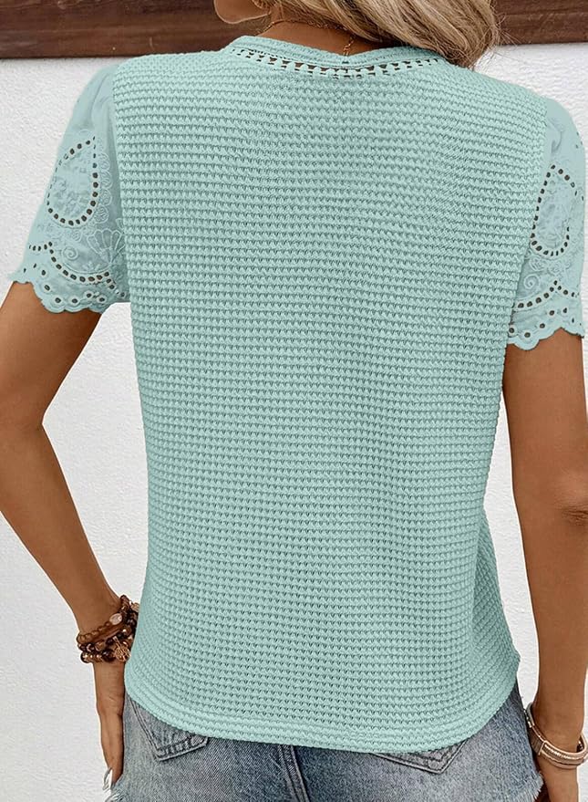 SHEWIN Womens Frenchy Summer Tops Crewneck Short Sleeve T Shirts Casual Waffle Knit Jacquard Blouses Top Shirts - Image 2