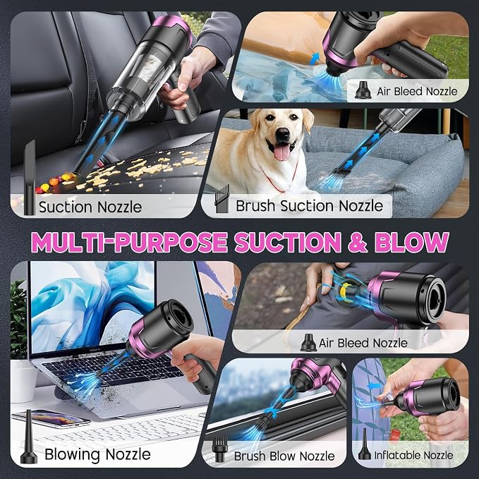 KMM Handheld Car Vacuum Cleaner, 10000PA Vacuum Cleaner & Air Duster, 120W High Power Vacuum Portable Cordless, Hand Held Vacuum Rechargeable with Multi-Nozzles & LED Light for Home, Car, Office - Image 5