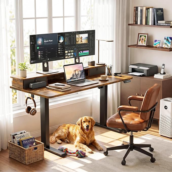 Veken 55x26 in Electric Standing Desk with Drawers, Adjustable Table, Brown | Stand up Computer Desk for Home Office, Work & Study, with Storage, 3 Memory Presets, Cable Organizer, Hook, and Quiet Lift. - Image 2