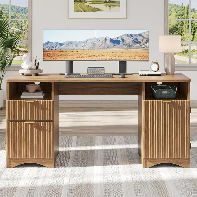 Bestier 59 inch Computer Desk with 2 Drawers, Office Desk with Storage File Cabinet and 2 Open Storage Shelves, Modern Fluted Executive Desk for Home Office Bedroom, Brown Oak by Bestier