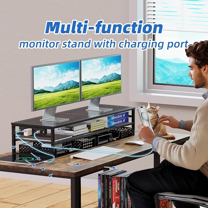 Simple Trending 2-Tier Metal Dual Monitor Stand with USB & 2 Drawers, Black | 32"W x 10"D x 7"H. USB 2.0 + charging port. 2 drawers. Mesh cooling vents. Holds 100 lbs. Non-slip base. Cable ties included. - Image 6
