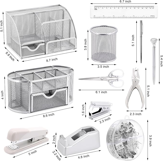 17 in1 Silvery Desk Organizers and Accessories Set, 3 Office Desk Supplies Storage Organization, 4 Pens, Stapler, Staples & Remover, Tape & Dispenser, Scissors, Ruler, Clips, Hole Punch Back to School - Image 2