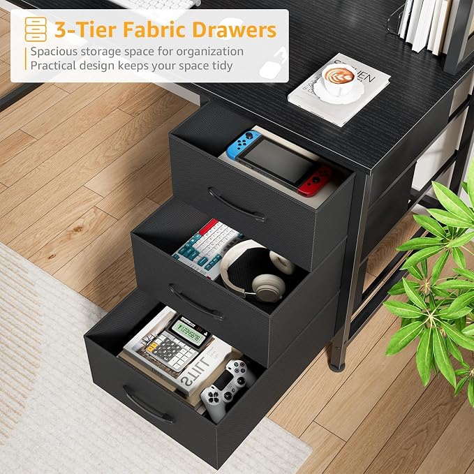 DLisiting Black Computer Desk with Hutch & Drawers - Office Desk with 3 Storage Drawers and Power Outlets, 47 Inch Modern Study Writing Desk for Bedroom Home Office - Image 6