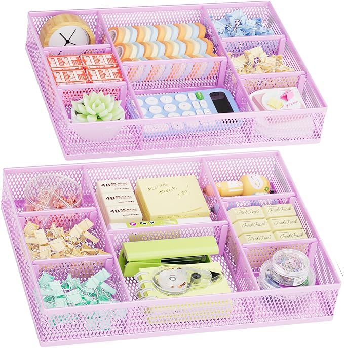 Marbrasse 2 Pack Desk Drawer Organizer, Mesh Drawer Organizer Tray with 8 Adjustable Compartments, Desk Organizers and Accessories, 5 Dividers Drawer for Office Supplies, Makeup & Vanity (Purple) by Marbrasse