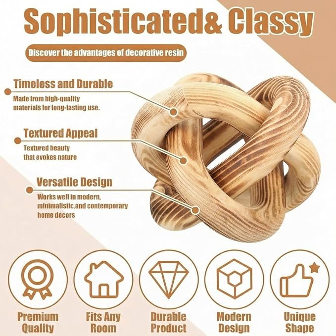 Yalikop 3 Link Wood Knot Decor Rustic Home Décor Accents Hand Carved Coffee Table Decoration, Boho Chain Link Decoration, Modern Shelf, Rustic Objects for Home Living Room Bedroom(Burnt) - Image 3